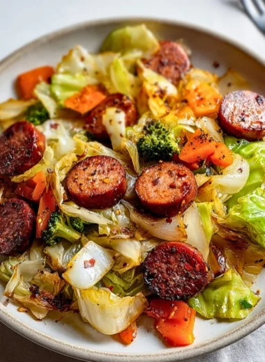 Sausage and Cabbage Stir Fry served in a skillet