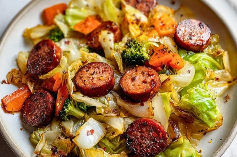 Sausage and Cabbage Stir Fry served in a skillet