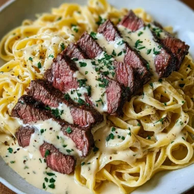Plate of savory Steak Gorgonzola Alfredo with creamy Parmesan sauce