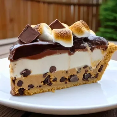 S'mores Cookie Dough Pie topped with chocolate and marshmallows