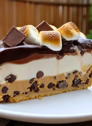 S'mores Cookie Dough Pie topped with chocolate and marshmallows