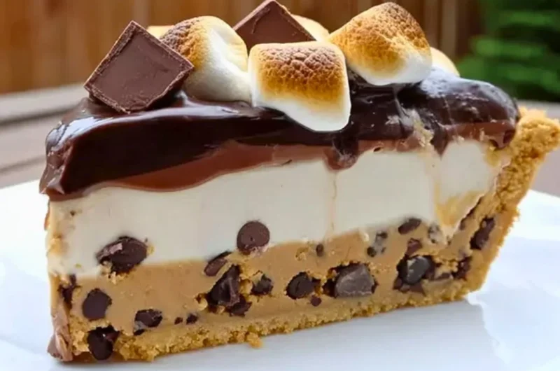 S'mores Cookie Dough Pie topped with chocolate and marshmallows