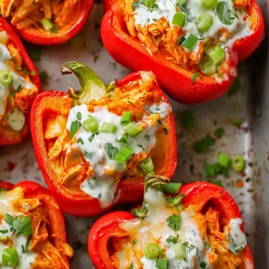 Spicy Buffalo Chicken Stuffed Peppers topped with cheese and fresh herbs