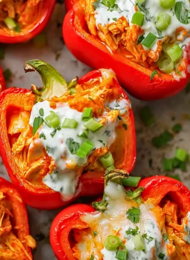Spicy Buffalo Chicken Stuffed Peppers topped with cheese and fresh herbs