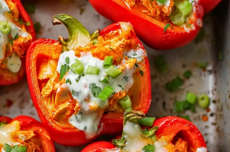 Spicy Buffalo Chicken Stuffed Peppers topped with cheese and fresh herbs