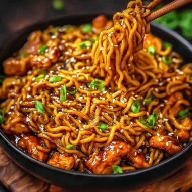 Sticky garlic chicken noodles served in a bowl with fresh herbs