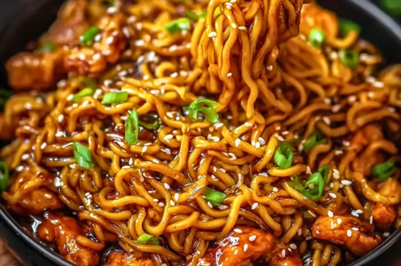 Sticky garlic chicken noodles served in a bowl with fresh herbs
