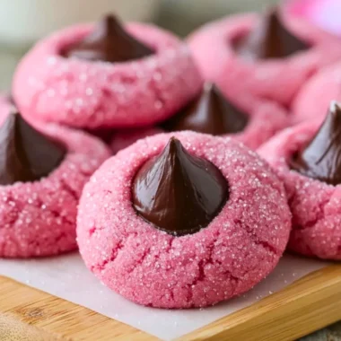 Delicious Strawberry Kiss Cookies topped with a strawberry for a sweet treat.