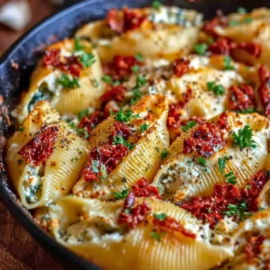 Sun-Dried Tomato Ricotta Stuffed Shells served on a white plate