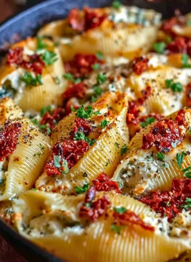 Sun-Dried Tomato Ricotta Stuffed Shells served on a white plate