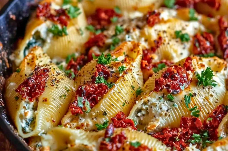 Sun-Dried Tomato Ricotta Stuffed Shells served on a white plate