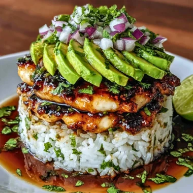 Delicious honey lime chicken served with avocado rice stack.