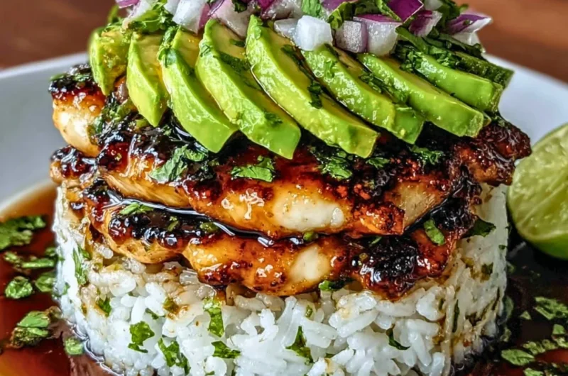 Delicious honey lime chicken served with avocado rice stack.