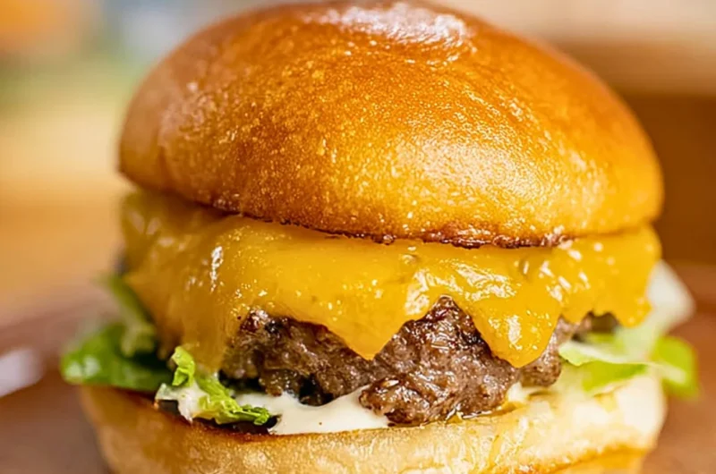 Homemade smash burger on a grill with toppings.