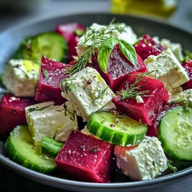 Vibrant beet salad with feta cheese and cucumbers served in a bowl.