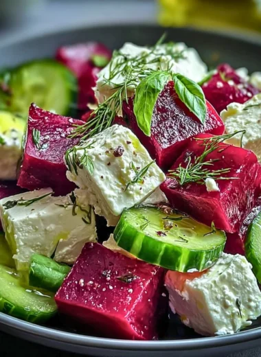 Vibrant beet salad with feta cheese and cucumbers served in a bowl.