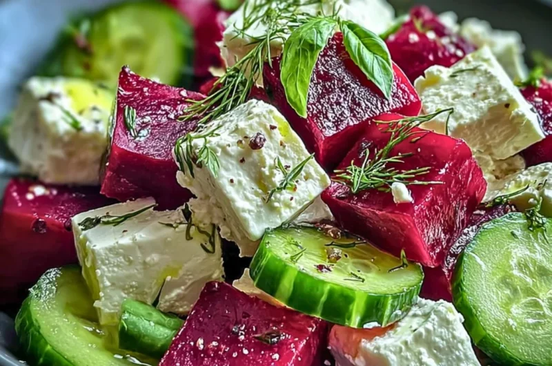 Vibrant beet salad with feta cheese and cucumbers served in a bowl.