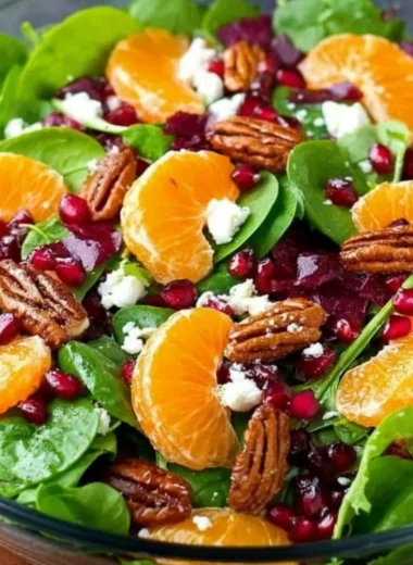 A colorful winter salad featuring seasonal greens, nuts, and fruits.