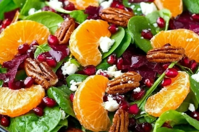 A colorful winter salad featuring seasonal greens, nuts, and fruits.