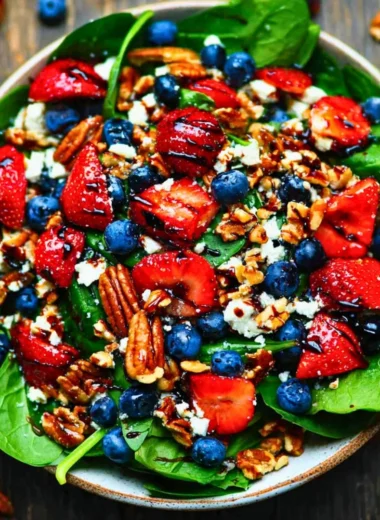 Fresh strawberry spinach salad with dressing on a plate
