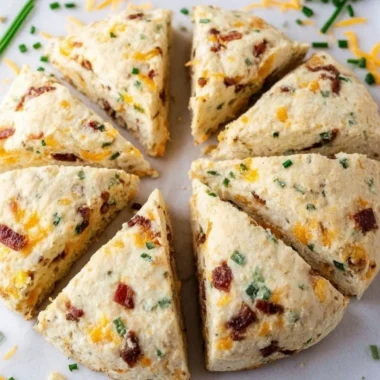 Freshly baked Bacon Cheddar Chive Scones on a wooden table.