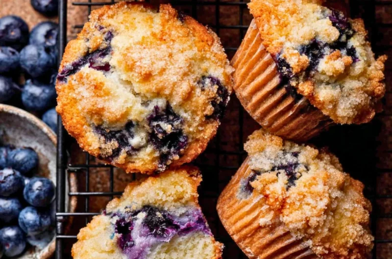 Bakery style blueberry muffins fresh out of the oven with blueberries on top