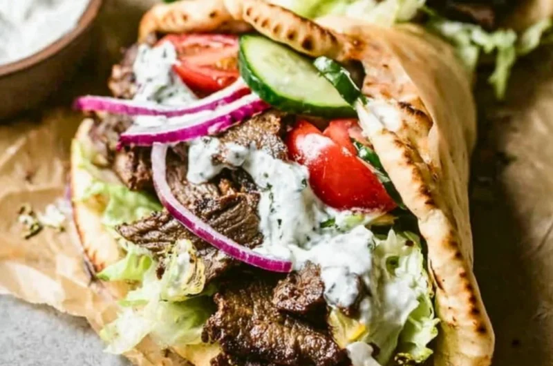 Plate of homemade Beef Gyros with fresh vegetables and tzatziki sauce