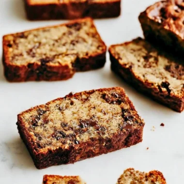 Deliciously baked chocolate chip banana bread loaf on a wooden cutting board