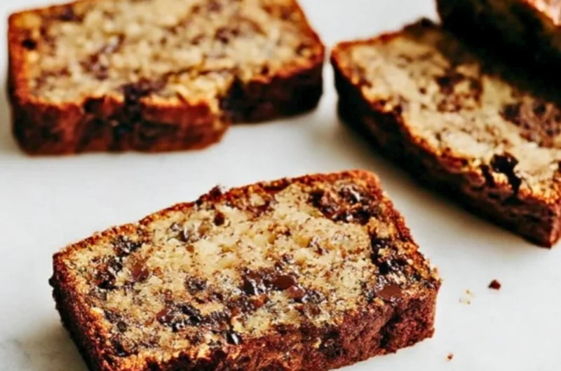 Deliciously baked chocolate chip banana bread loaf on a wooden cutting board