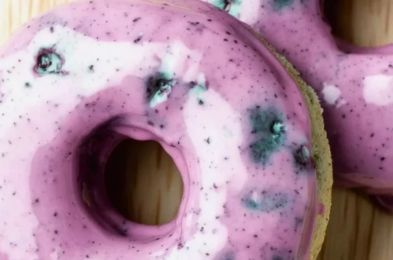 Delicious blueberry cake donuts topped with icing and fresh blueberries.