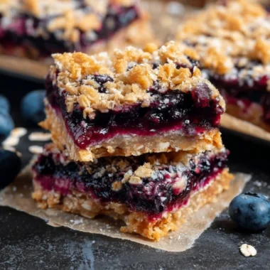 Homemade blueberry oatmeal breakfast bars on a wooden table