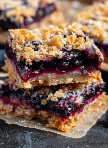 Homemade blueberry oatmeal breakfast bars on a wooden table