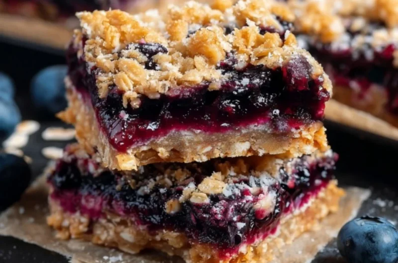 Homemade blueberry oatmeal breakfast bars on a wooden table