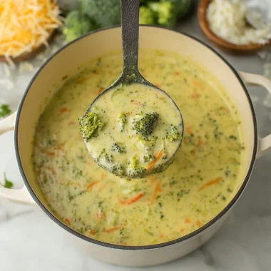 Creamy Broccoli Cheddar Soup served in a rustic bowl garnished with fresh herbs.
