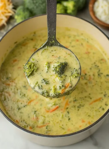 Creamy Broccoli Cheddar Soup served in a rustic bowl garnished with fresh herbs.