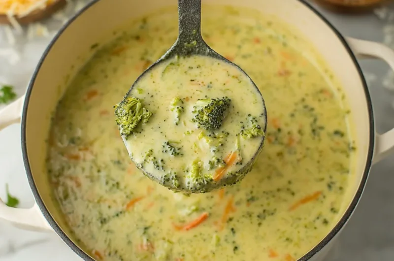 Creamy Broccoli Cheddar Soup served in a rustic bowl garnished with fresh herbs.