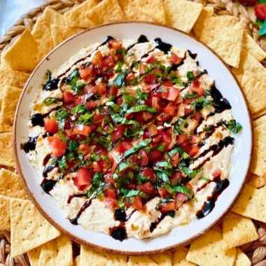 Delicious homemade bruschetta dip served with crispy bread