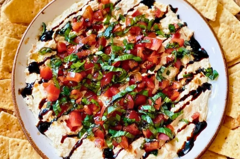 Delicious homemade bruschetta dip served with crispy bread