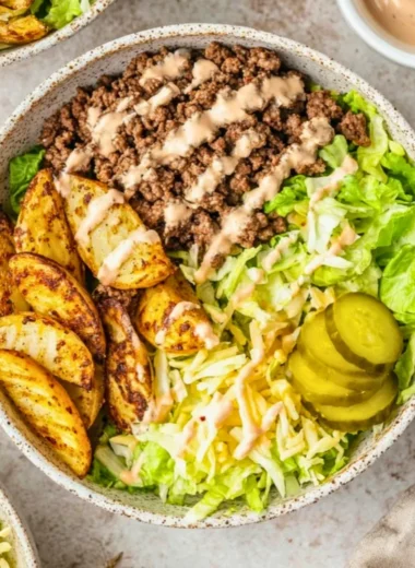 Delicious burger bowls with fresh ingredients and toppings.