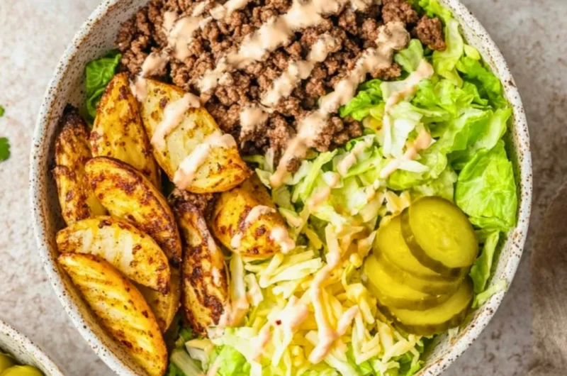 Delicious burger bowls with fresh ingredients and toppings.