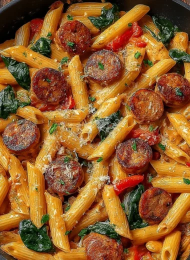 A bowl of Cajun Sausage Pasta garnished with parsley and served with a side of garlic bread.