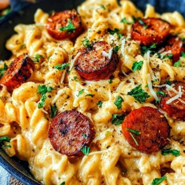 Delicious bowl of Cajun smoked sausage alfredo pasta topped with parsley