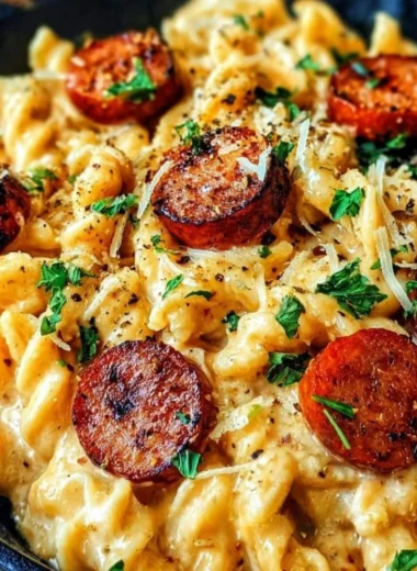 Delicious bowl of Cajun smoked sausage alfredo pasta topped with parsley