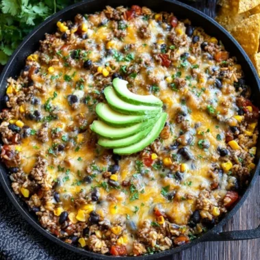 Cheesy Taco Rice Skillet featuring flavorful ingredients and melted cheese