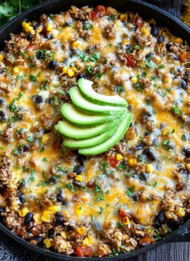 Cheesy Taco Rice Skillet featuring flavorful ingredients and melted cheese