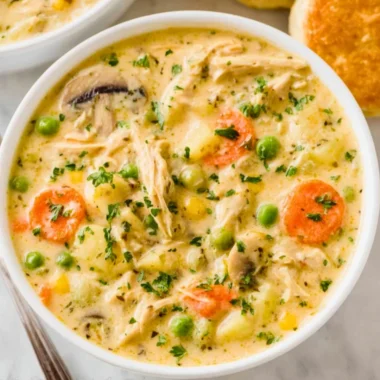 Bowl of creamy Chicken Pot Pie Soup topped with fresh herbs