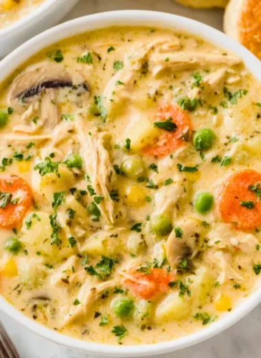 Bowl of creamy Chicken Pot Pie Soup topped with fresh herbs