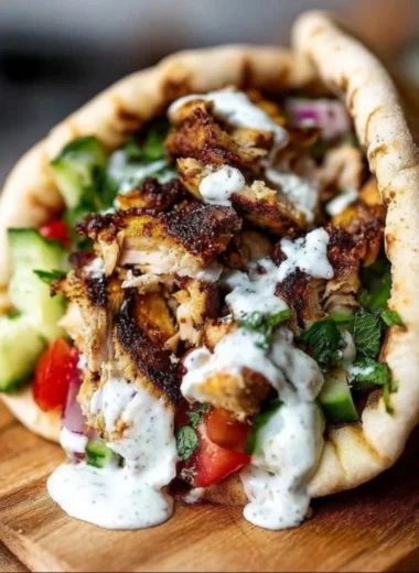 Plate of chicken shawarma garnished with garlic sauce and fresh vegetables