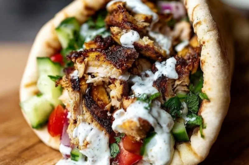 Plate of chicken shawarma garnished with garlic sauce and fresh vegetables