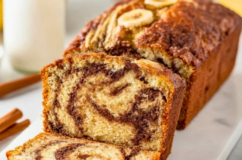 Delicious homemade cinnamon swirl banana bread loaf, fresh out of the oven.